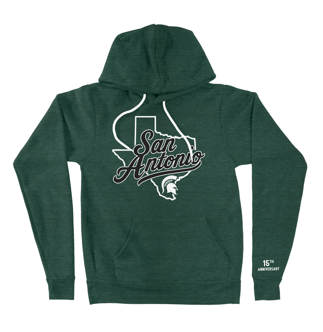Front view of a San Antonio Spartans alumni club Michigan State hoodie in forest green with logo printed on the chest.