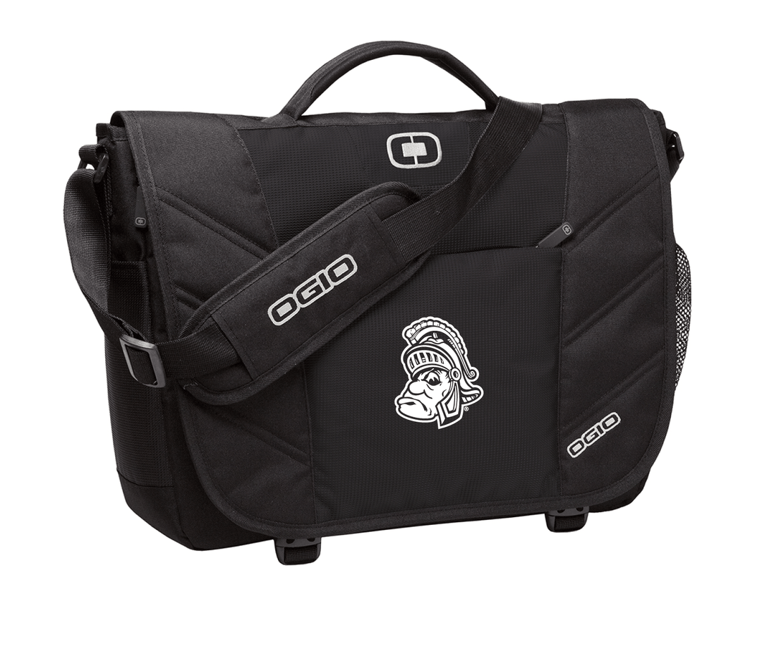 Black Michigan State messenger back with Gruff Sparty logo embroidered in white thread on the front.
