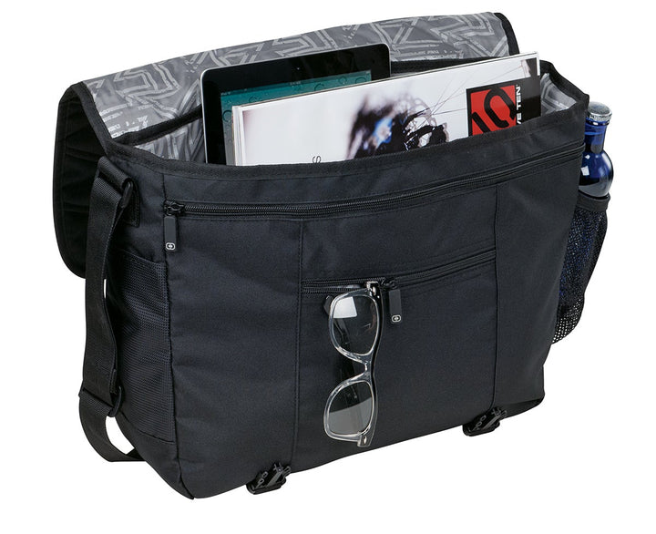 Black Michigan State messenger bag opened to see different compartments.