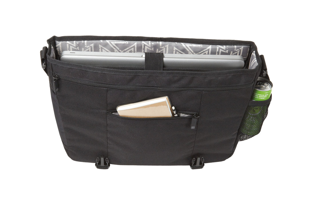 Inside view of a black Michigan State messenger bag from Nudge Printing