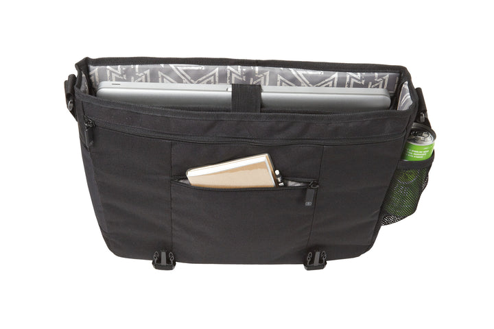 Inside view of a black Michigan State messenger bag from Nudge Printing