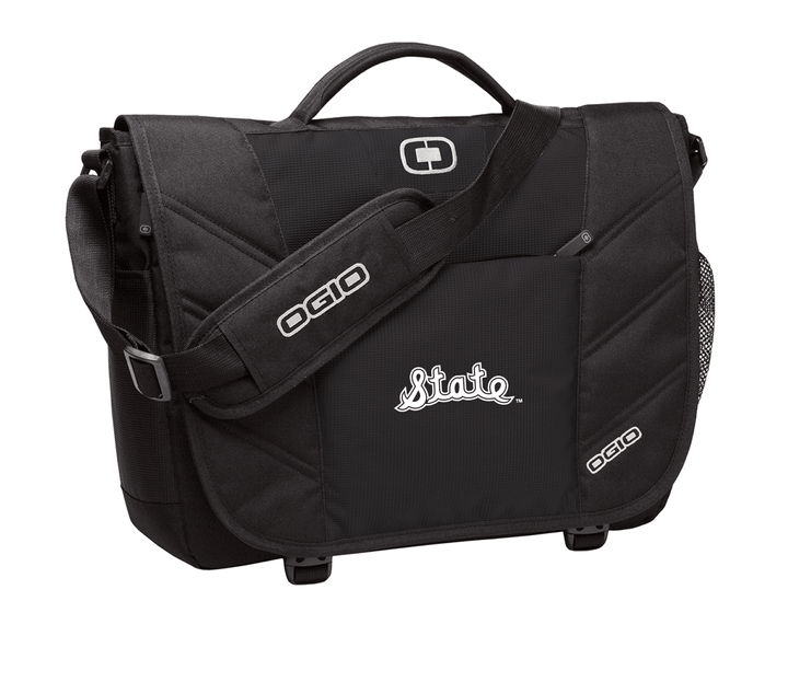 Black Michigan State messenger back with Script State logo embroidered on the front in white thread.