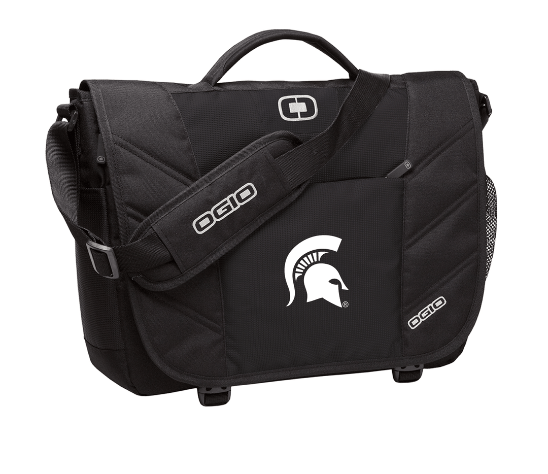 Black Michigan State messenger bag with white Spartan Helmet logo embroidered in white thread on the front.