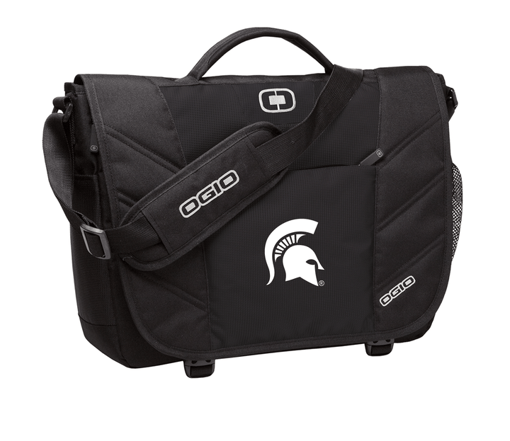 Black Michigan State messenger bag with white Spartan Helmet logo embroidered in white thread on the front.