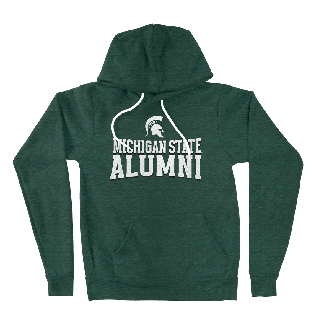 Green hoodie with 'Michigan State Alumni' text and Spartan logo on a white background