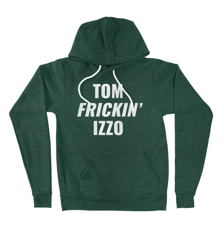 Green Michigan State hoodie with 'Tom Frickin' Izzo' text on a white background