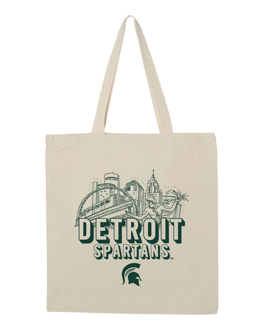 Natural colored Michigan State tote back with Detroit Spartans printed in green ink.