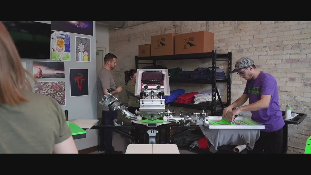 Nudge Printing Into Video showing the production shop and collegiate products