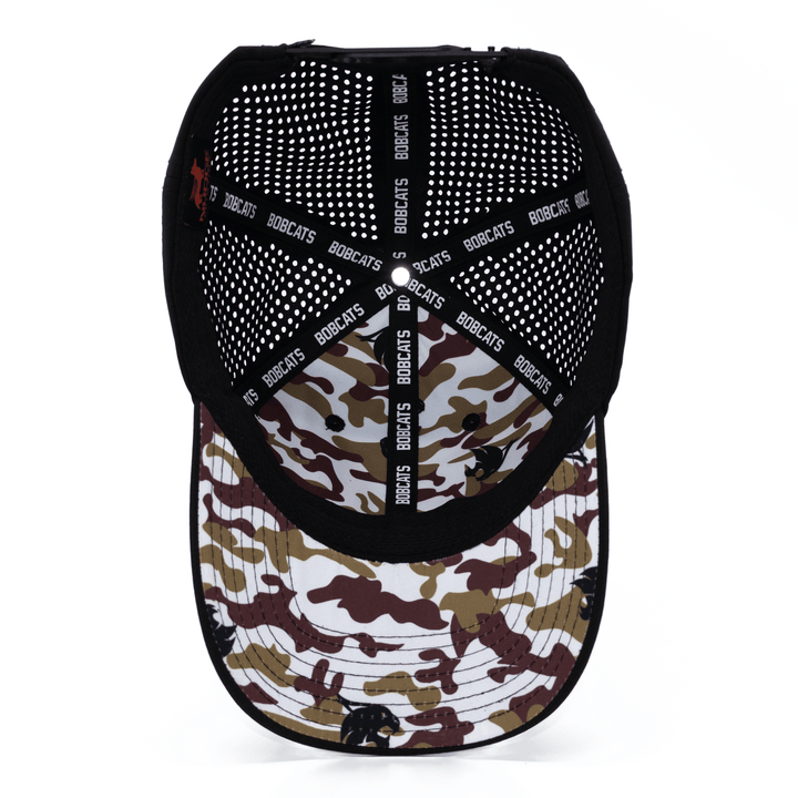 Inside view of a black Texas State hat with custom maroon and gold camo pattern printed under the bill and inside lining.