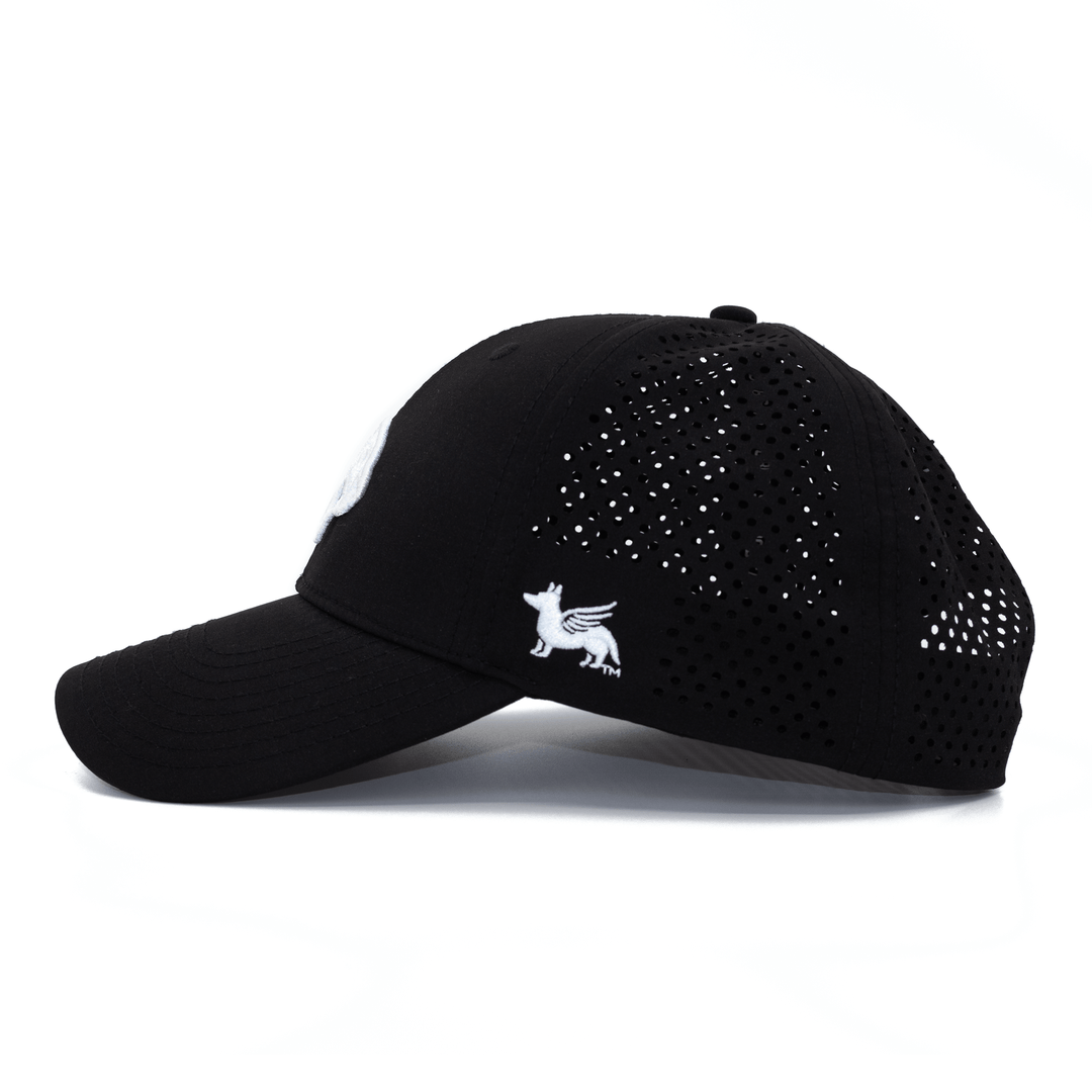 Left side view of black Texas State hat with breathable laser cut back panels
