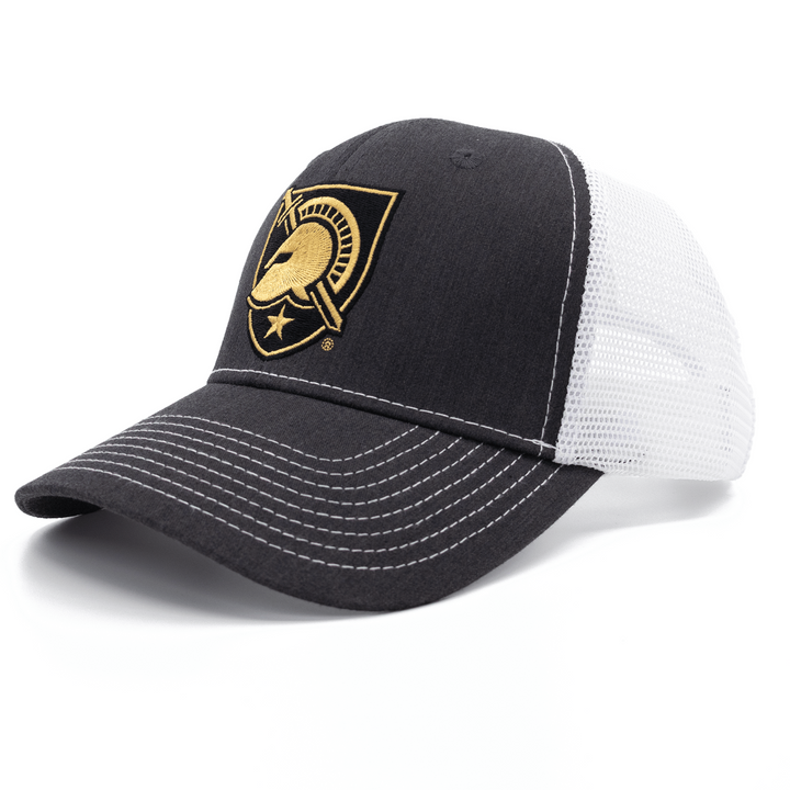 Angled view of grey and white West Point hat from Nudge Printing.