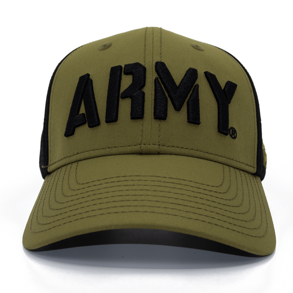 Front view of West Point hat showing ARMY embroidered in black thread on a military green crown.