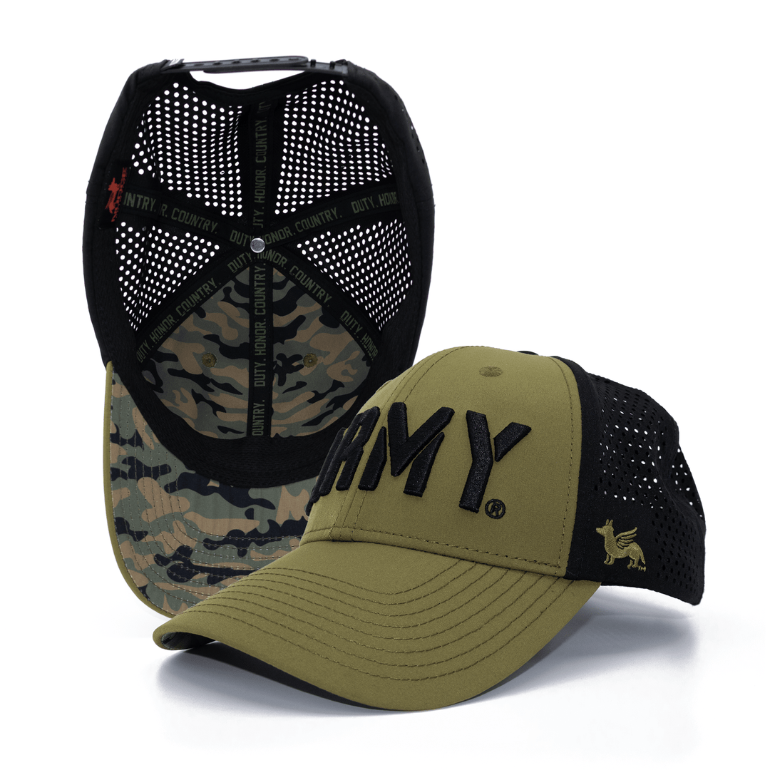 Military green and black ARMY hat for West Point with 3D embroidery and custom camo pattern.