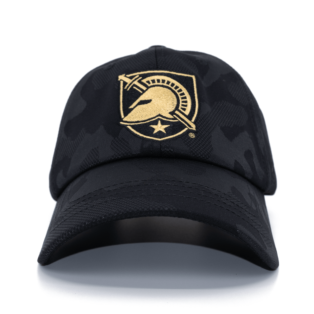 Front view of black camo West Point hat featuring the Black Knights shield logo embroidered on the front.
