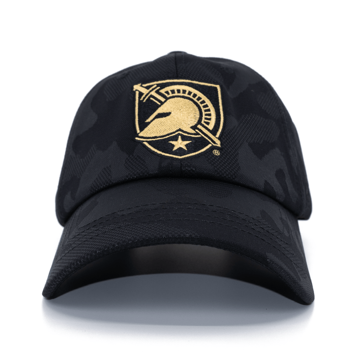 Front view of black camo West Point hat featuring the Black Knights shield logo embroidered on the front.