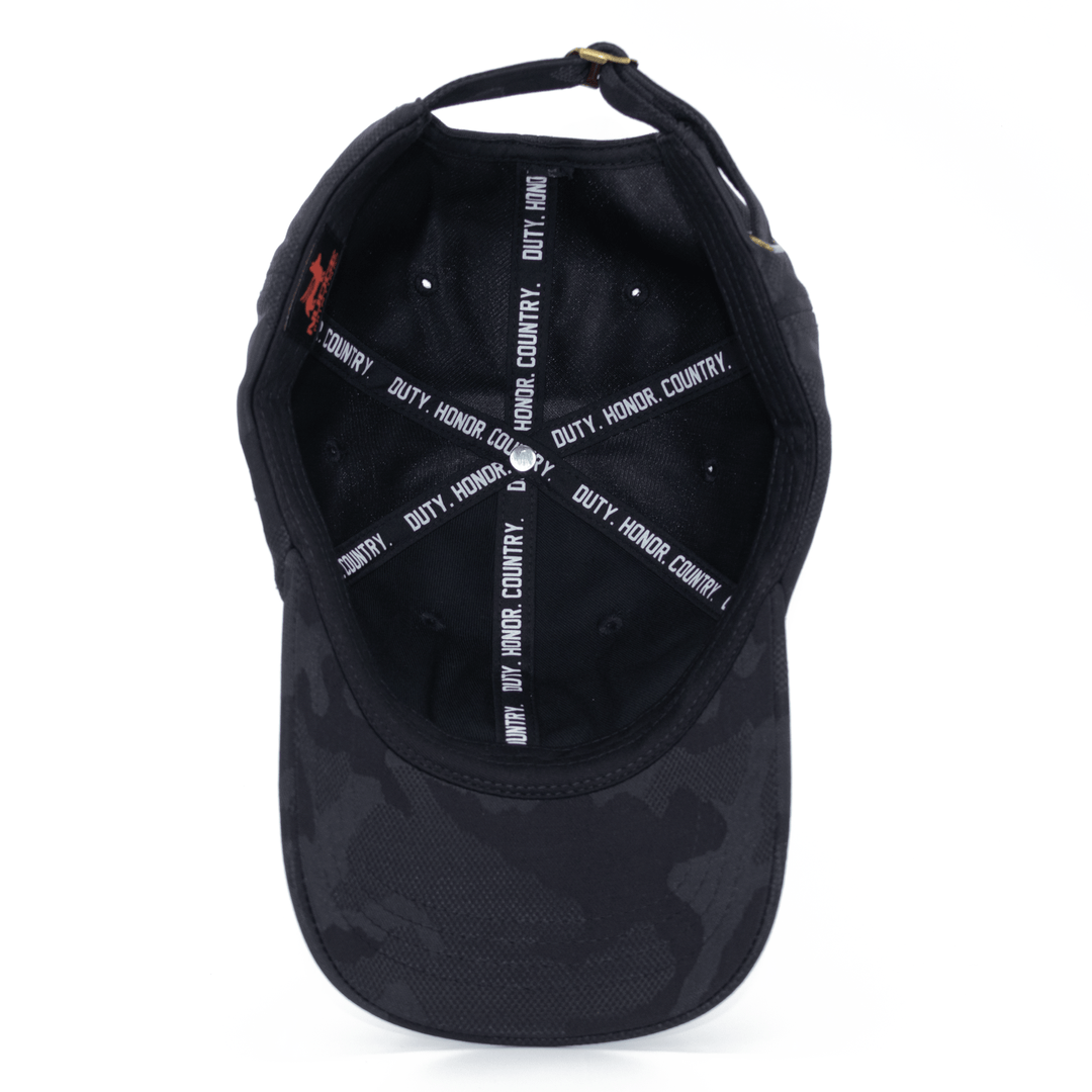 Inside view of black camo West Point hat with "Duty. Honor. Country." custom printed seam tape.