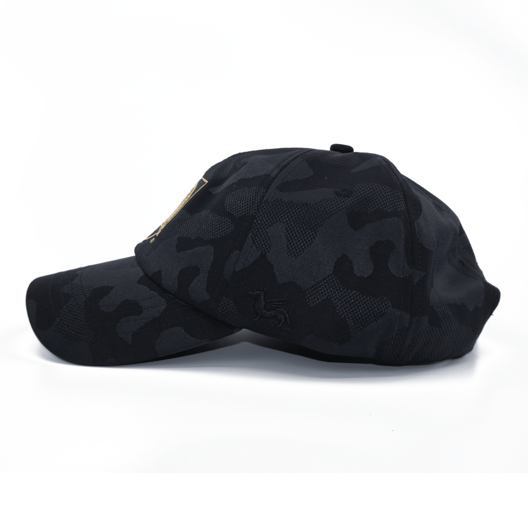 Left side view of a black camo West Point hat with curved bill and premium embroidered Black Knights logo on the front.