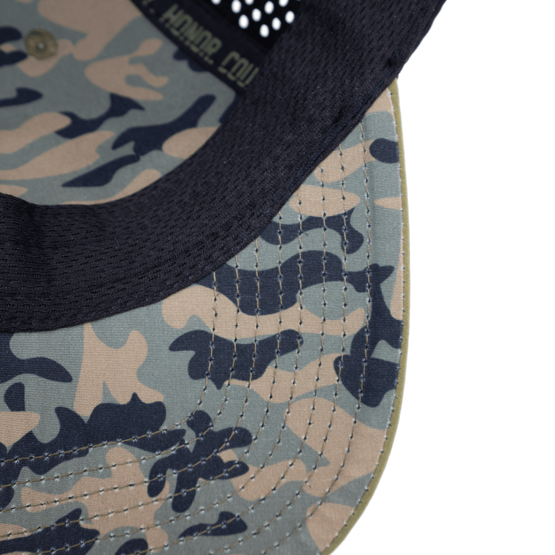 Close up of a West Point hat showing custom camo pattern printed inside.
