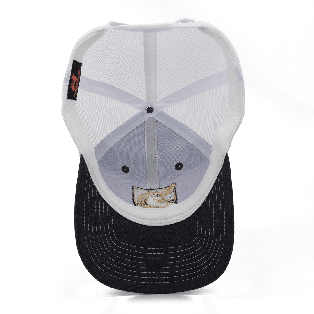 Inside view of a gray and white West Point hat for the Black Knights.