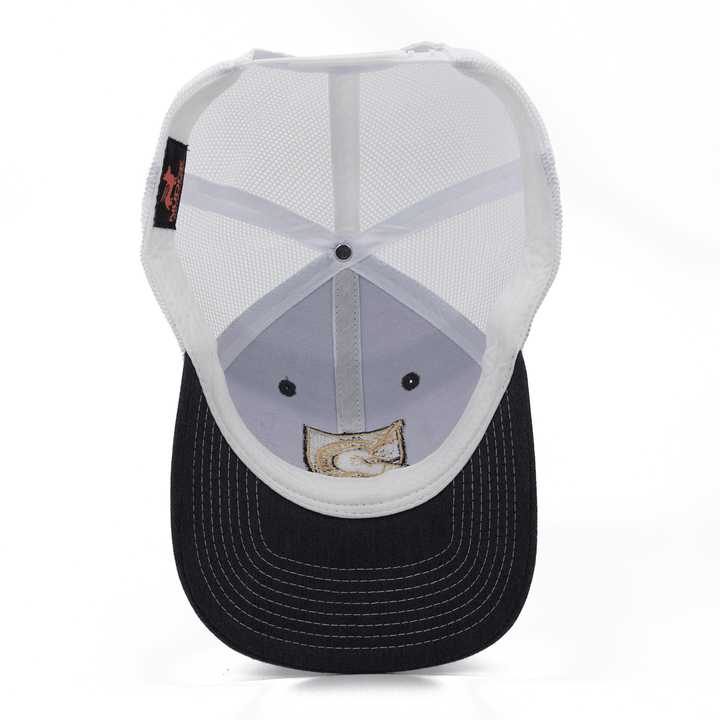 Inside view of a gray and white West Point hat for the Black Knights.
