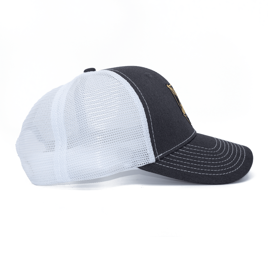 Right side view of grey and white West Point Black Knights hat from Nudge Printing