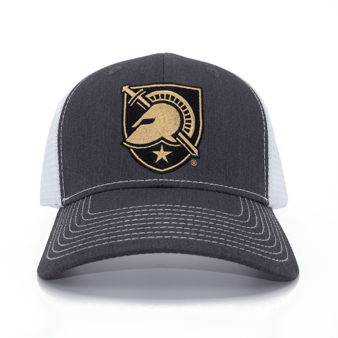 Front view of West Point hat in the trucker style in grey and white.