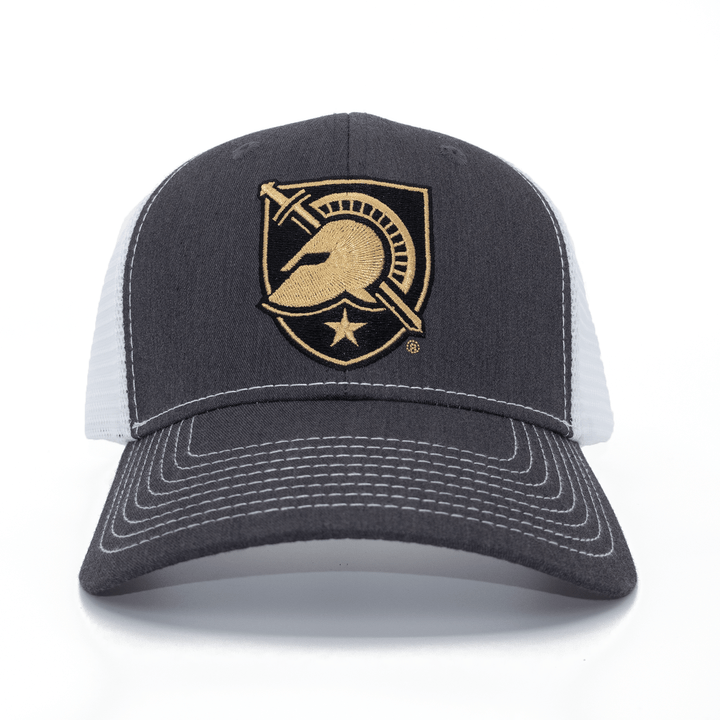 Front view of West Point hat in the trucker style in grey and white.