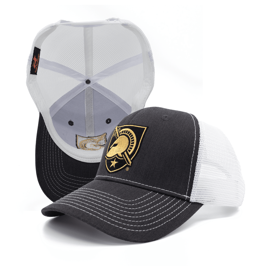 Grey and white West Point trucker hat with the Black Knights shield logo embroidered on the front.