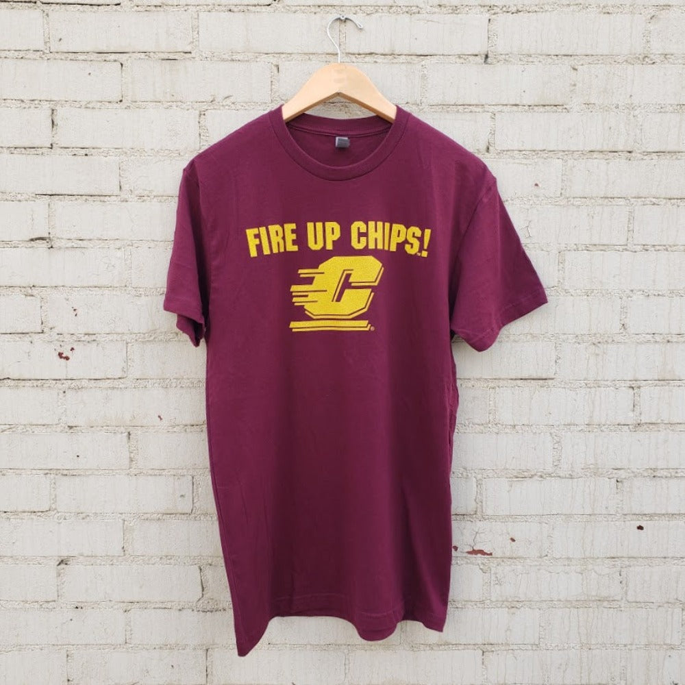 Central Michigan University Gold "Fire up Chips!" with Flying Central "C" Printed on Maroon T-shirt