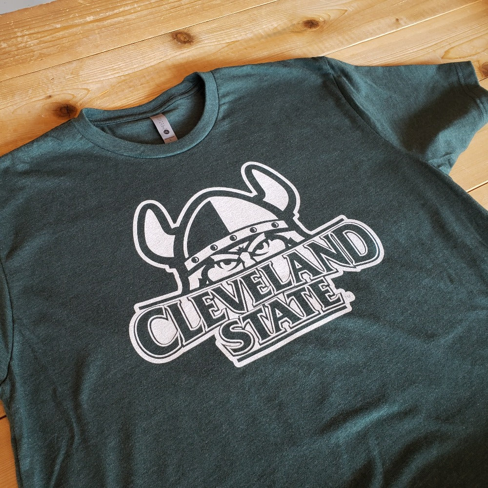 Cleveland State University White Mangus the Viking Design on Green T-shirt