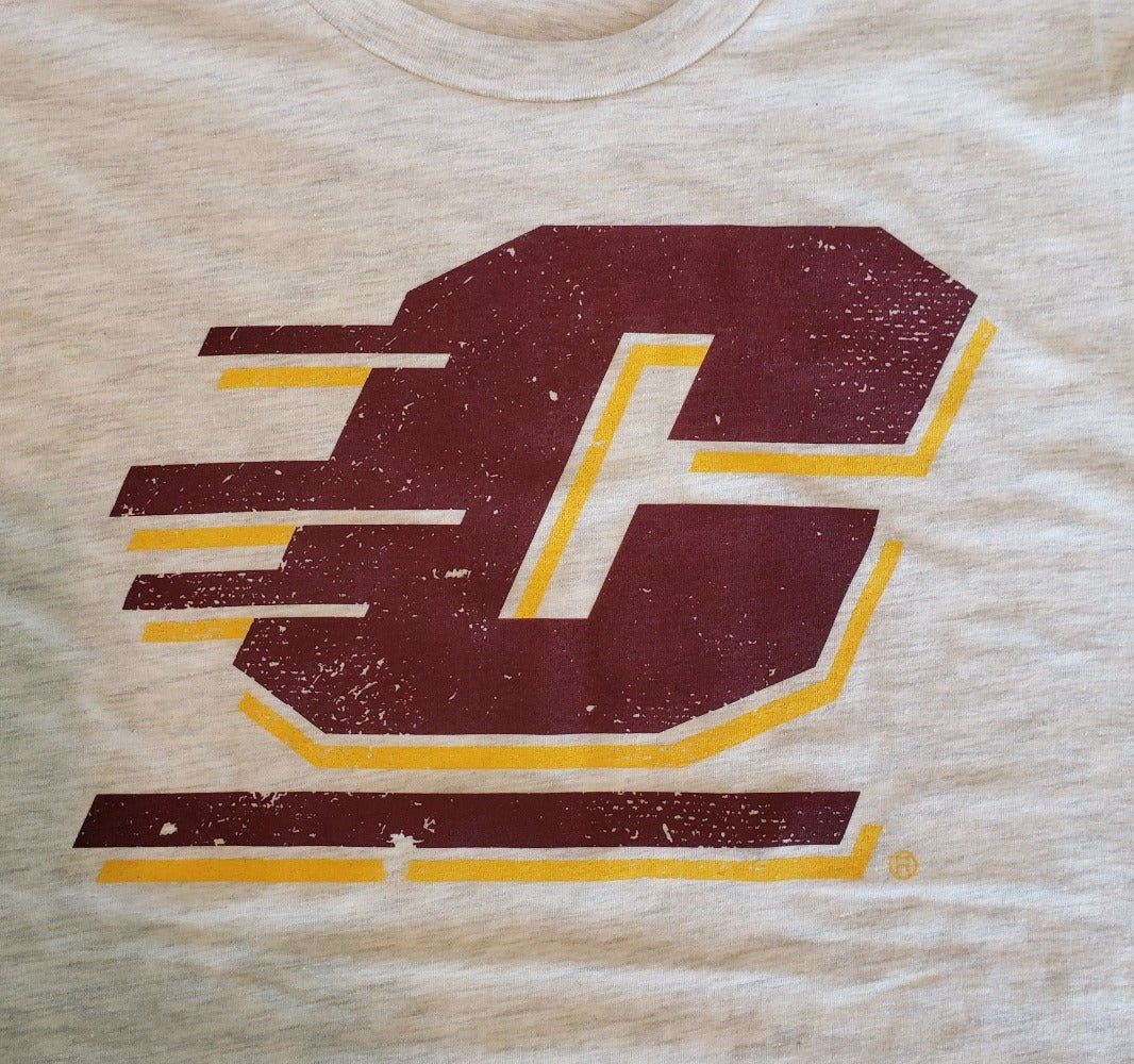 CMU Red and Yellow Vintage Flying "C" on Marbled White Shirt