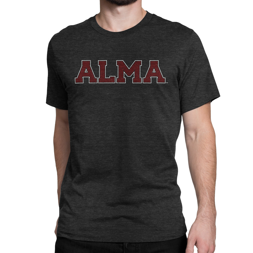 Alma College block design on gray shirt