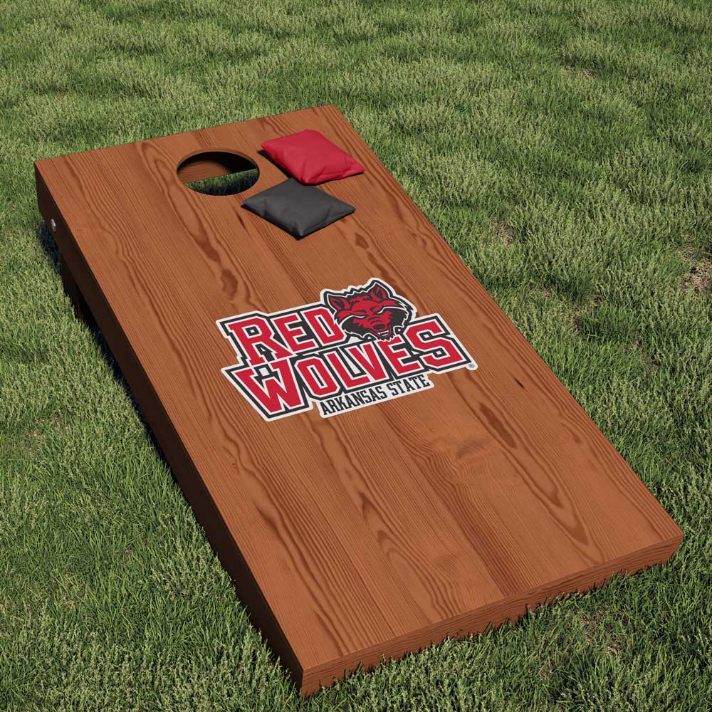 Arkansas State University Red Wolves Cornhole Decal on Corn Hole Board