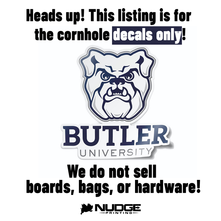 White and Blue "Butler University" with Blue the Bulldog Design Cornhole Decal