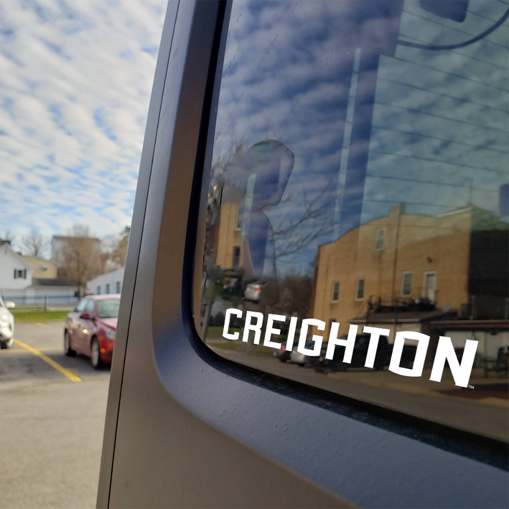 Creighton University Long White Decal on Back of Car