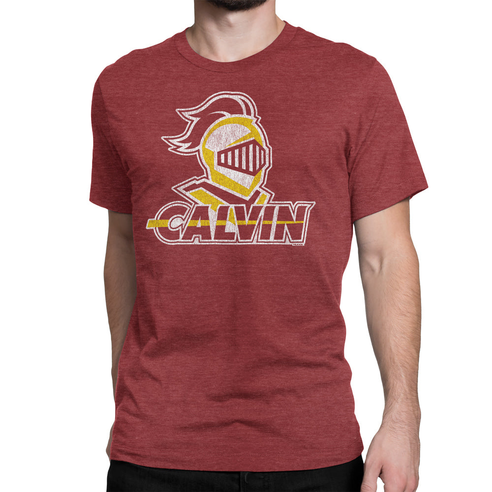 Calvin University Red Shirt with White and Yellow Logo 