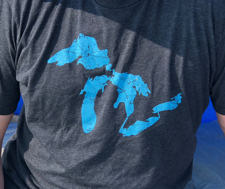 Great Lakes of Michigan Outline of Lake Huron, Ontario, Michigan, Erie, Superior Lakes T-Shirt - Nudge Printing
