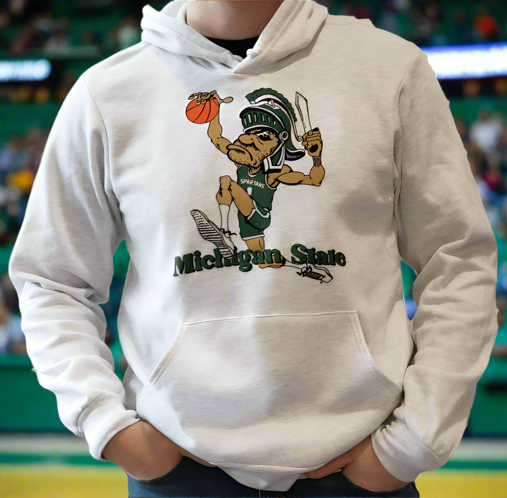 Michigan State fan wearing Dunking Gruff Sparty white Hoodie from Nudge Printing at the Breslin Center in East Lansing