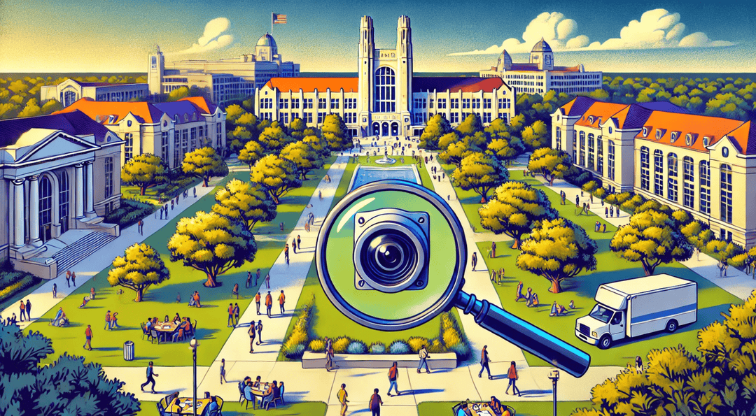 Banner graphic depicting Kansas State University's campus and the issue of hidden cameras