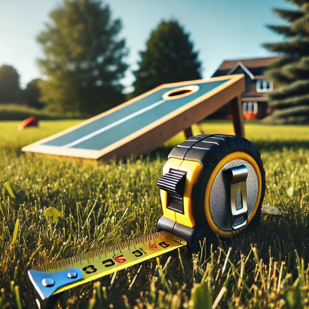Picture showing a tape measurer sitting in the grass with a cornhole board behind it