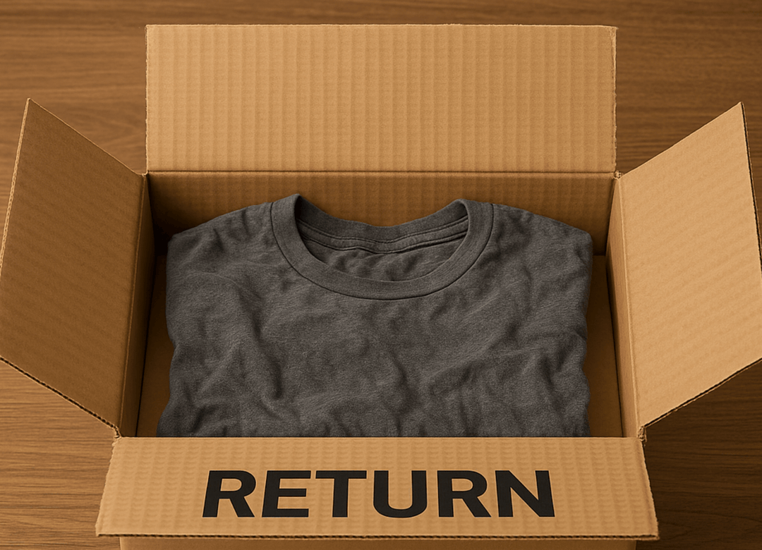 T-Shirt in a box with the word "Return"