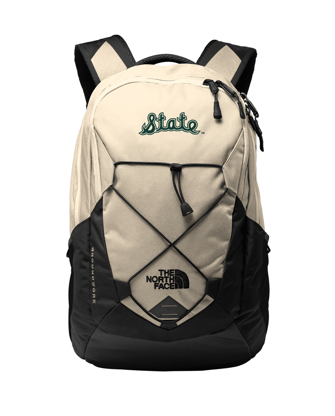 North Face Michigan State Backpack with green Script State logo embroidery.
