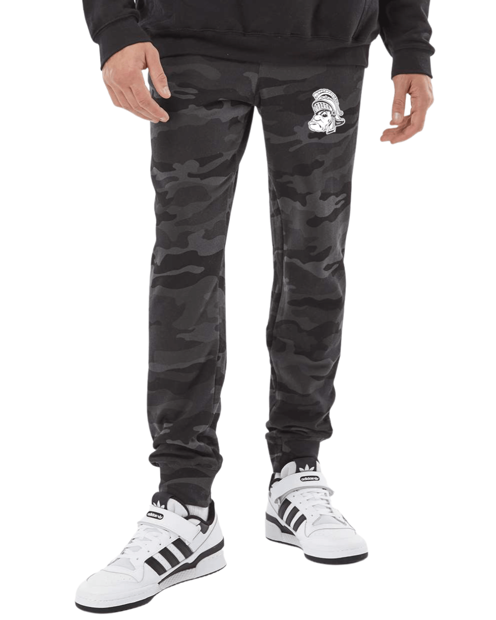 Black camo Michigan State Sweatpants with white Gruff Sparty embroidery