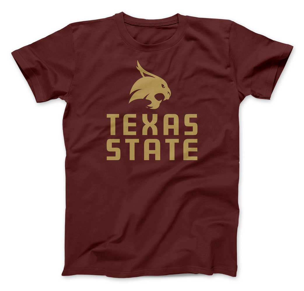Texas State Shirt featuring the TXST logo in gold ink printed on a maroon tee