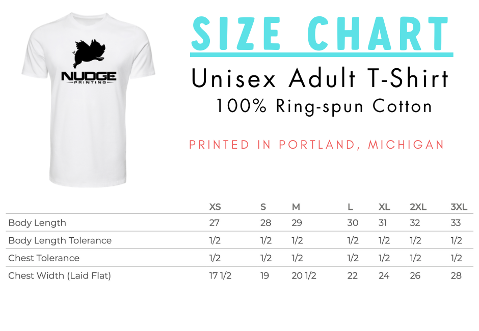 nudge printing size chart for 100% Cotton Adult T-Shirt