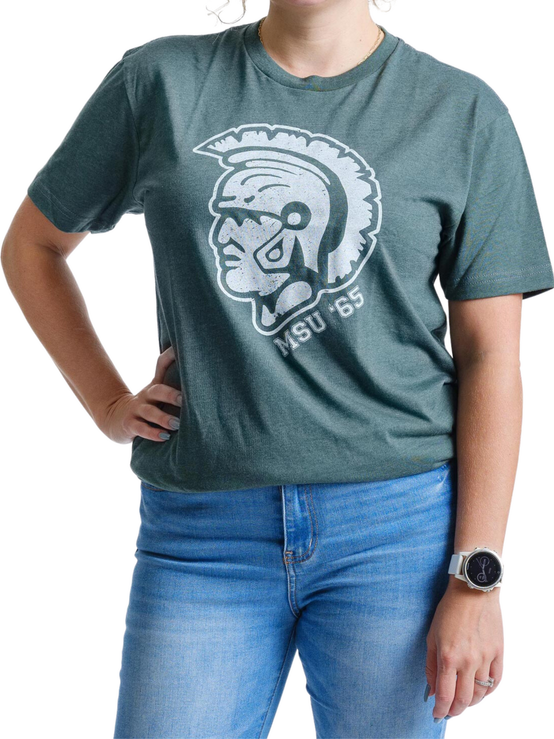 Green Michigan State Vintage T Shirt with 1965 Spartan Helmet Logo on Female