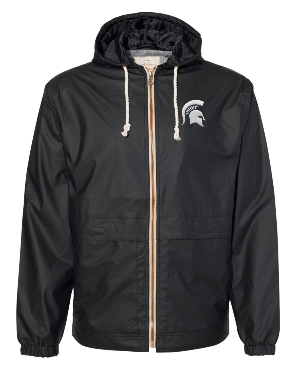 Black Michigan State heavy hooded raincoat.