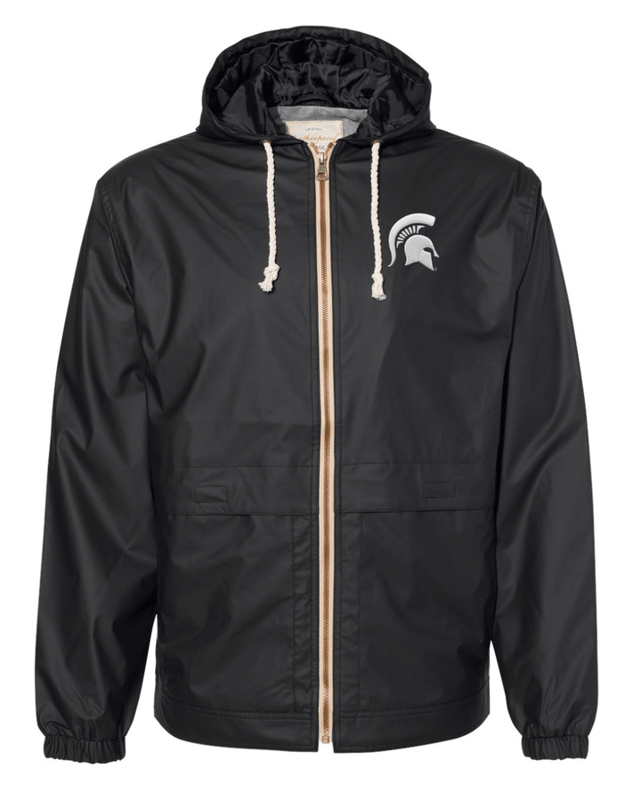Black Michigan State heavy hooded raincoat.