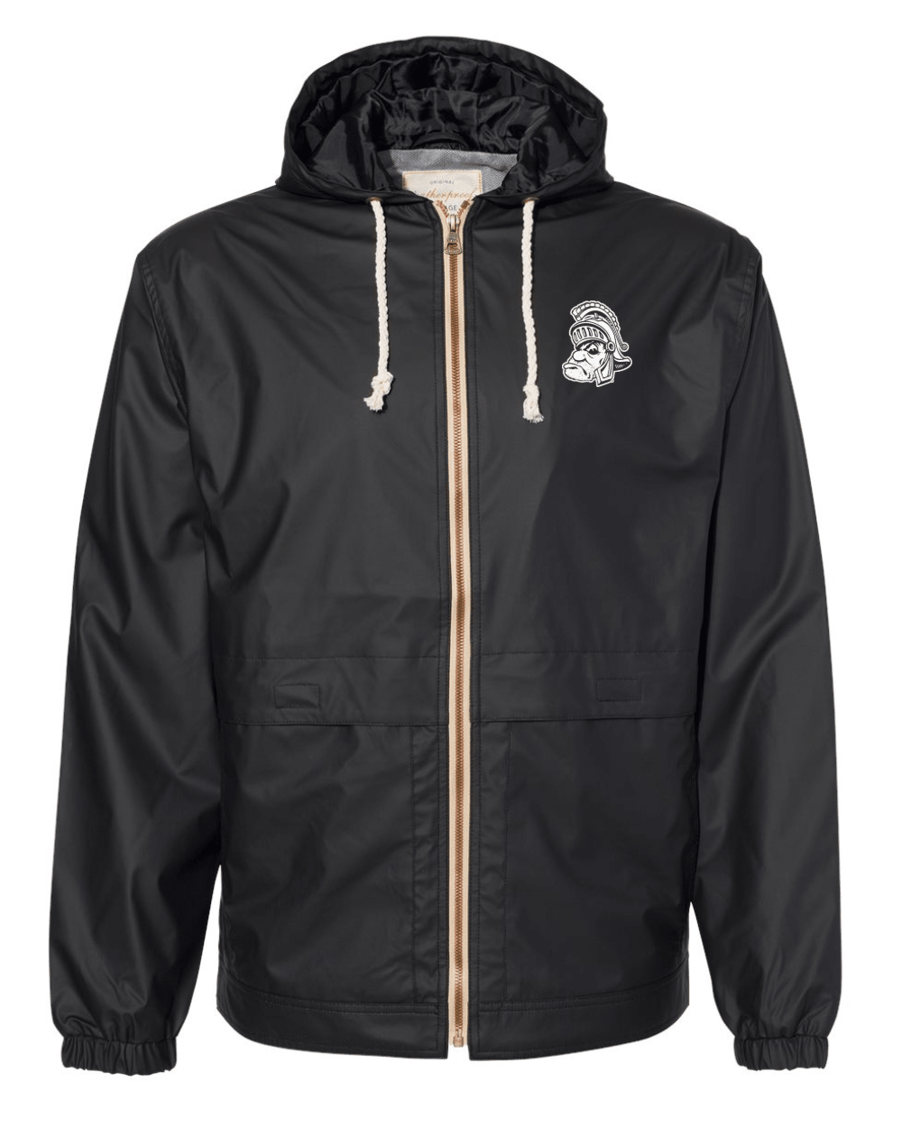 Black Michigan State heavy hooded raincoat with Gruff Sparty logo design.