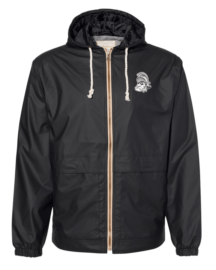 Black Michigan State heavy hooded raincoat with Gruff Sparty logo design.